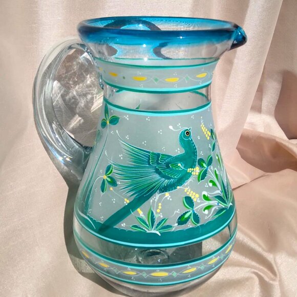 Incredible Hand Blown Teal/Aqua Glass Pitcher with Detailed Hand Painted Exotic